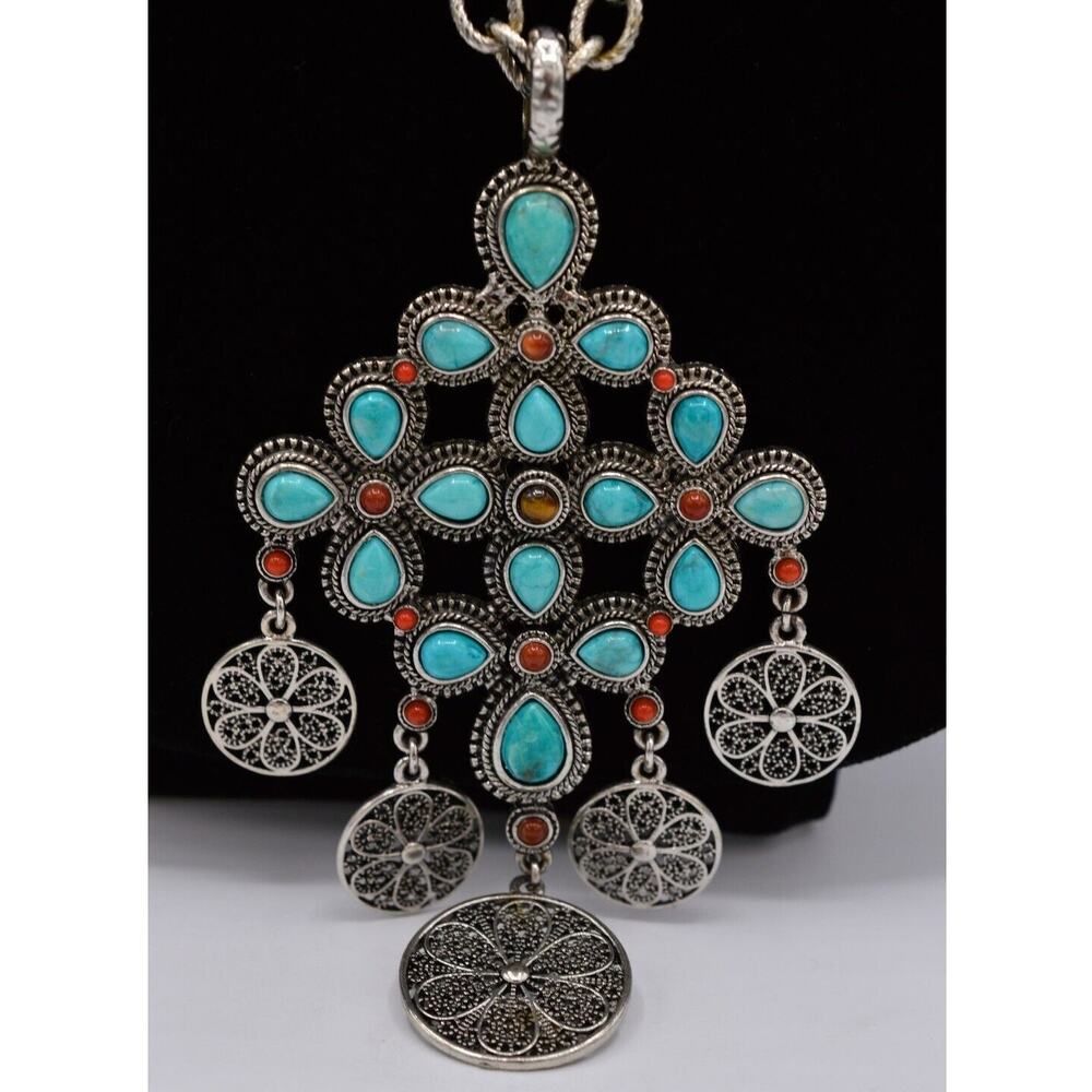Graziano Vintage Turquoise Cabochon Coin Pendant Necklace South Western 1990s 9J